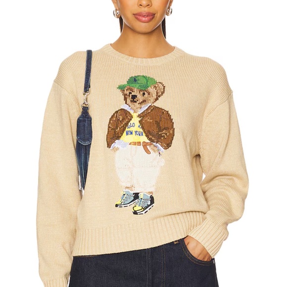Ralph Lauren Polo Bear Cotton Crewneck Sweater in Tan Mult - Picture 1 of 4